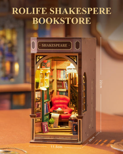 Rolife Book Nook Kits for Adults Shakespeare Bookstore DIY Miniature Kit with LED Light for Desk Library Bookshelf Decoration 3D Wooden Puzzle Booknook Model Kits for Adults to Build (TGB07)