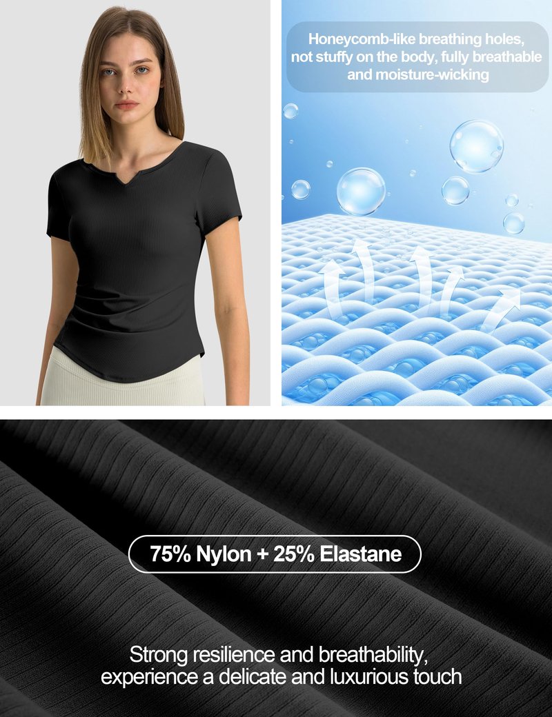Workout Tops for Women Breathable Short Sleeve Athletic Tee V-Neck Slim Cutting Summer Running Gym Fitness Yoga Sports T-Shirt Black M