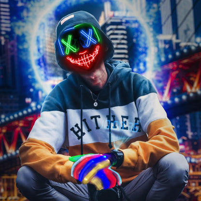 New Halloween LED Mask & Gloves in Multiple Light Modes, The Purge Mask Purge Costume, Light up Neon Gloves, Halloween Costumes for Women Kids Girls - Multicolor