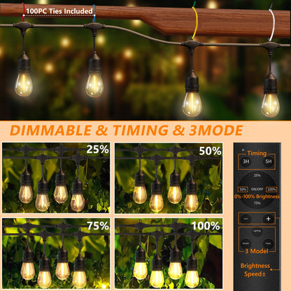 EIKOSON 50FT Outdoor String Lights Waterproof with 30+2 Bulbs(𝟏.𝟓𝐅𝐓 𝐁𝐮𝐥𝐛𝐥𝐬 𝐒𝐩𝐚𝐜𝐢𝐧𝐠), Remote & Dimmer, Commercial Grade Patio Lights with 3 Mode Light & Timing,100PC Ties for Outside