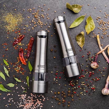 Russell Hobbs Stainless Steel Electric Salt & Pepper Mill Set with Adjustable Ceramic Grinder Heads for fine or coarse Grinding, Battery Operated, Light up During use, One Handed Operation, 23460-56
