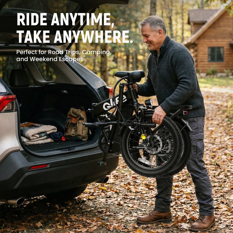 Qlife Hunter Foldable Electric Bike for Adults, Peak 1200W Ebike with 48V 13.5Ah Battery, 65-Mile Range, Heavy-Duty Rear Rack, 20-Inch Fat Tires, Folding E Bike for Commuting & Outdoor Use