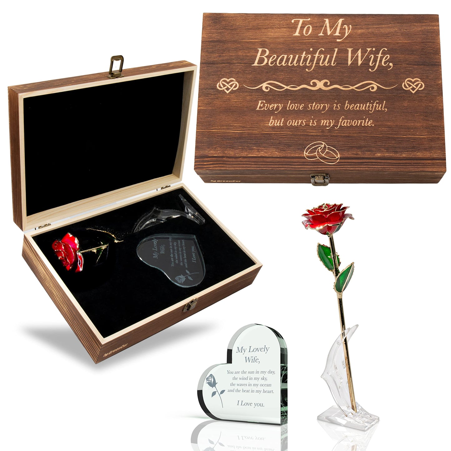GreenCor Valentines Day for Wife Engraved Wooden Gift Set 'To My Beautiful Wife' Includes Crystal Engraved Heart 24K Gold Dipped Rose for Birthday Gifts