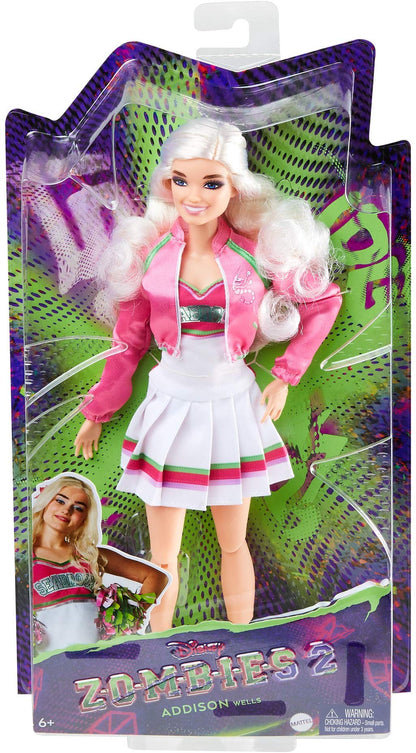 Mattel Disney’s Zombies 2, Addison Wells Doll (11.5-inch) wearing Cheerleader Outfit and Accessories, 11 Bendable “Joints,” Great Gift for ages 5+