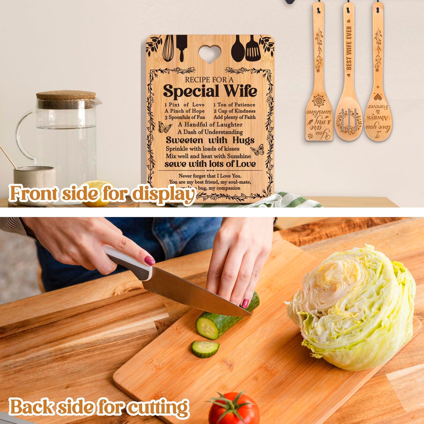 Valentine Day Gifts for Wife - "Recipe for a Special Wife" Valentine's Day Gifts for Her Cutting Board Set, Bamboo-Made Engraved Utensil Set Gifts for Wife