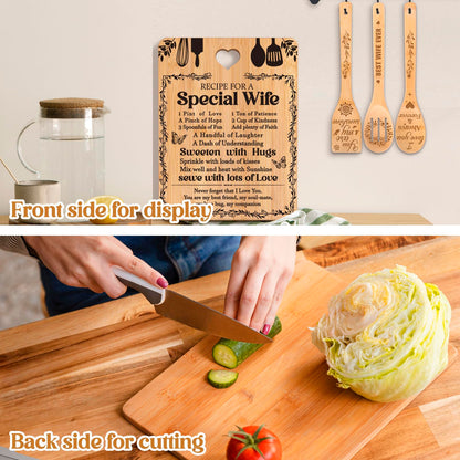 Valentine Day Gifts for Wife - "Recipe for a Special Wife" Valentine's Day Gifts for Her Cutting Board Set, Bamboo-Made Engraved Utensil Set Gifts for Wife
