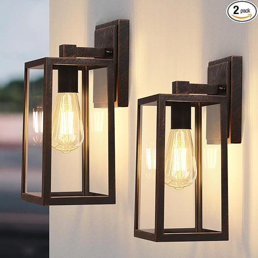 PARTPHONER Exterior Lighting Fixtures, Porch Light Outdoor, Waterproof Exterior Light Fixture, Anti-Rust Wall Sconce with Clear Glass and Aluminum for Garage, Doorway 2 Pack (Black Brush Gold)