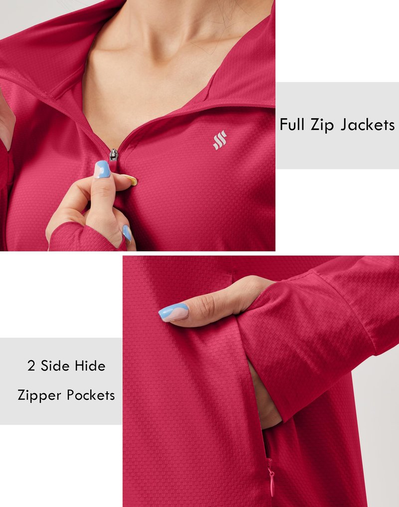 Soothfeel Women's UPF 50+ Sun Protection Hoodie Jacket Lightweight Long Sleeve Sun Shirt for Women with Pocket Hiking Outdoor(Red, M)