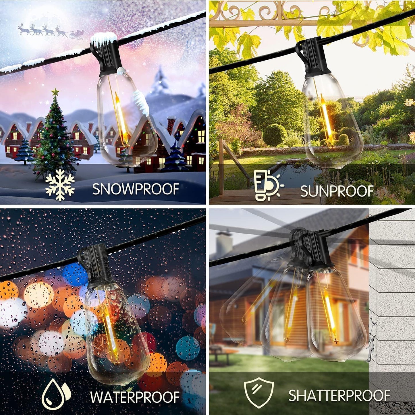 DAYBETTER Outdoor String Lights Waterproof LED Edison Outside Lights, 2200K 34 Shatterproof ST38 Bulbs, Hanging Umbrella Lite for Garden Camping Patio Porch Backyard Deck Balcony