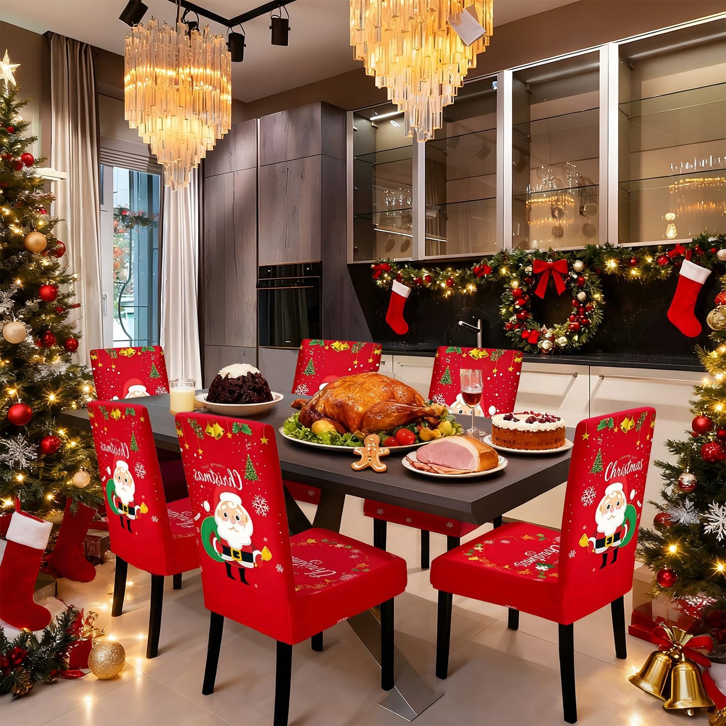 Fafua Christmas Chair Covers, Stretch Dining Room Chair Covers Set of 6, Christmas Decoration/Home Decor Chair Protector Slipcovers
