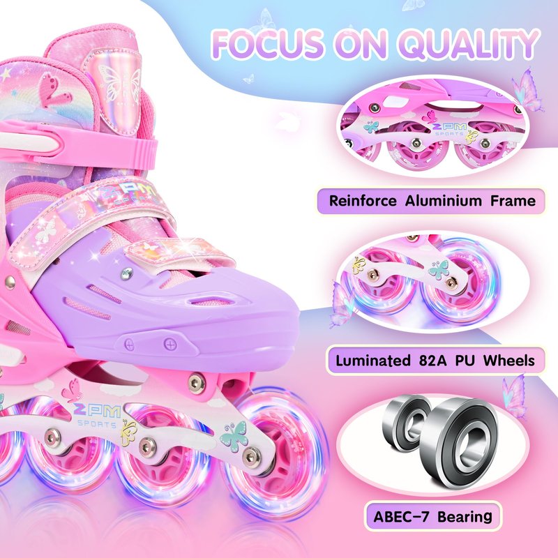 2PM SPORTS Kids Inline Skates Girls Ages 5-8 8-12 4-6 6-12 10-14 with Light Up Wheels, Adjustable Kids Blades Roller Skates for Girls Beginner Youth Outdoor Size 11C 1 2 3 4 5 6 7 8 Pink Butterfly