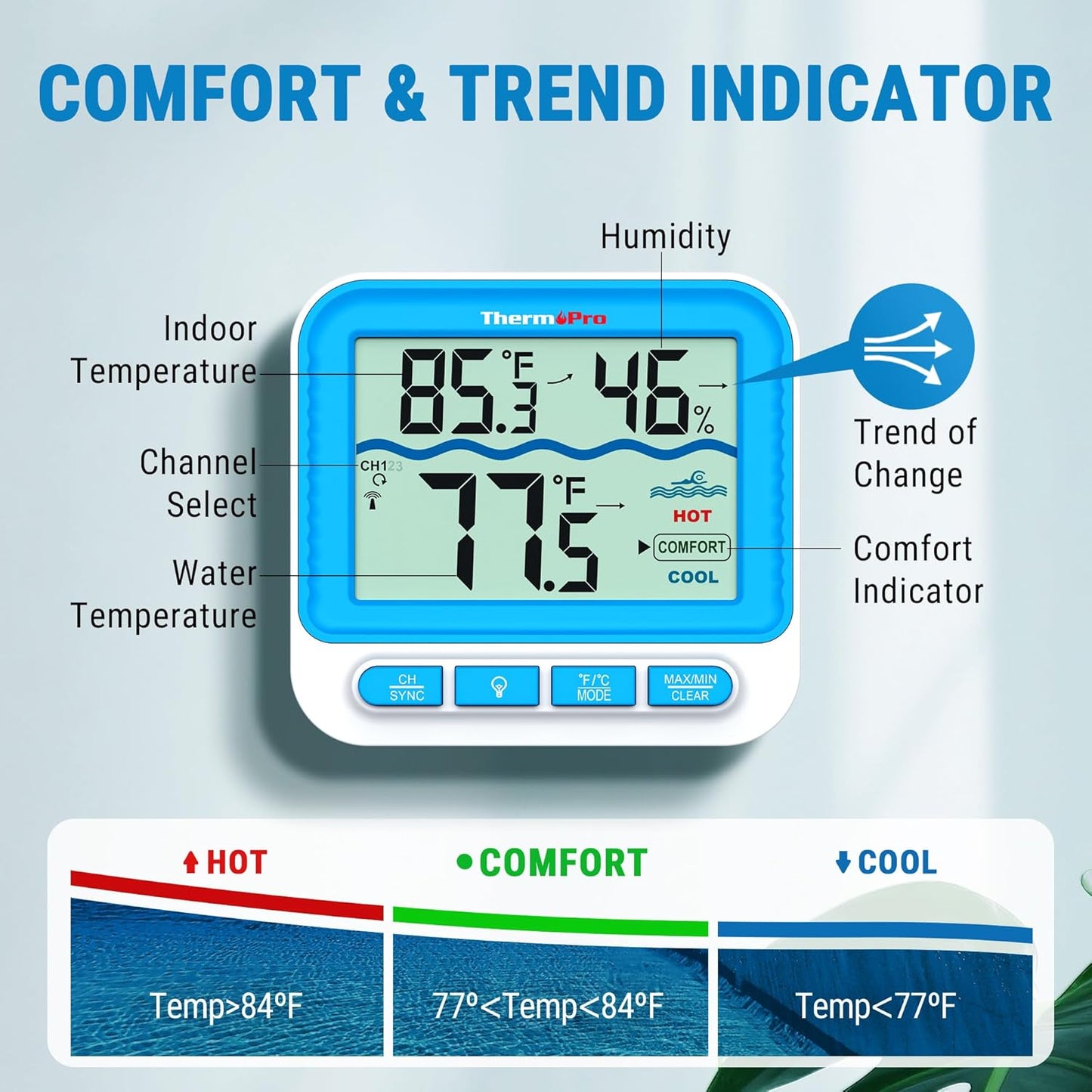 ThermoPro Waterproof Wireless Pool Thermometer Easy Read, Digital Pool Thermometer Floating for Swimming Pool, Upgraded IPX8 Water Temperature Monitor for Hot Tub, Cold Plunge, Ice Bath, Pond