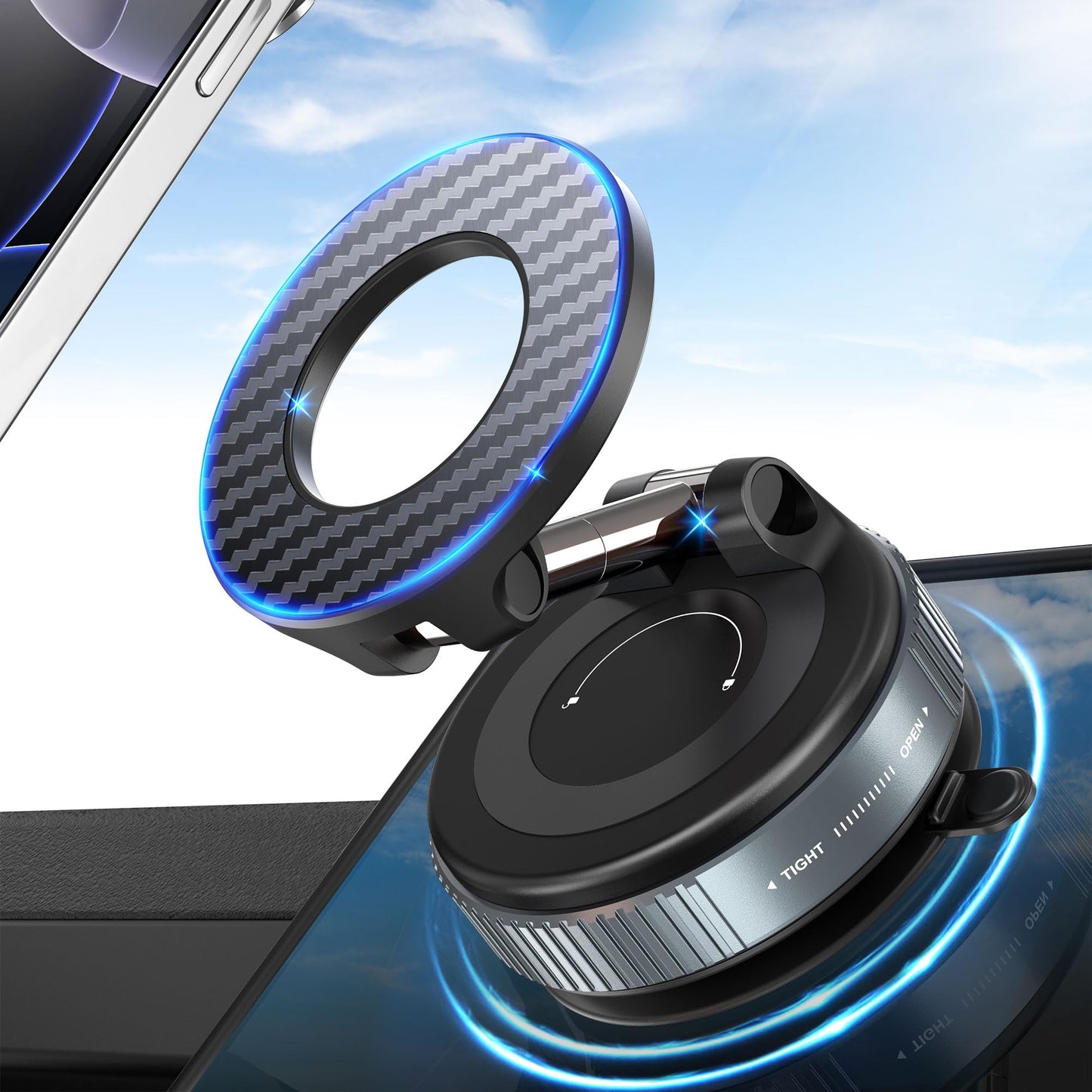 PlusAcc Vacuum Magnetic Phone Holder for Car - Suction Phone Mount 360°Rotatable Foldable Portable Strong Magnet Stand for iPhone17/16/15/14/13/12 Pro/Pro Max on Mirror, Smooth Surface, Windscreens