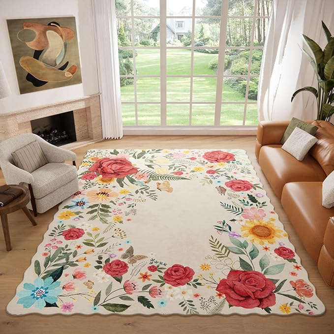 Washable Rugs for Living Room: 8x10 Area Rugs for Bedroom Soft Ultra Thin Stain Resistant Non Slip Low Pile Lightweight Vintage Floral Carpet for Dining Room Decor (Beige)