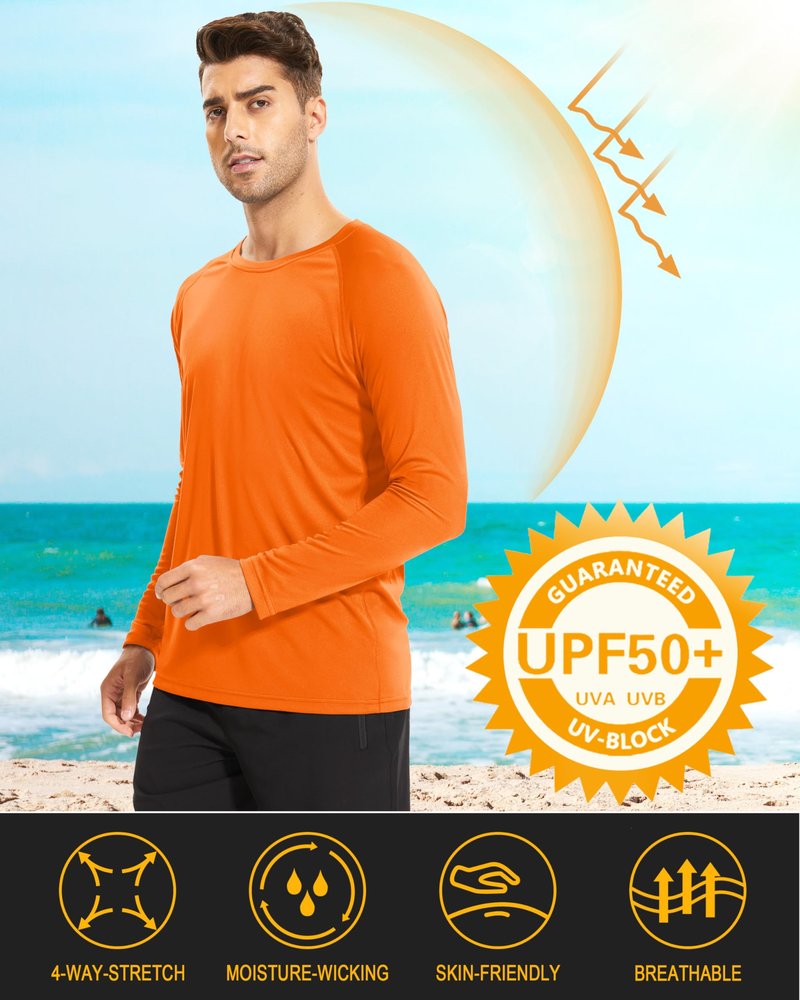 MAGCOMSEN UV Shirts for Men Rashguard Long Sleeve Sun Running Workout Fishing Hiking Quick Dry Swim UPF 50 Shirts Orange