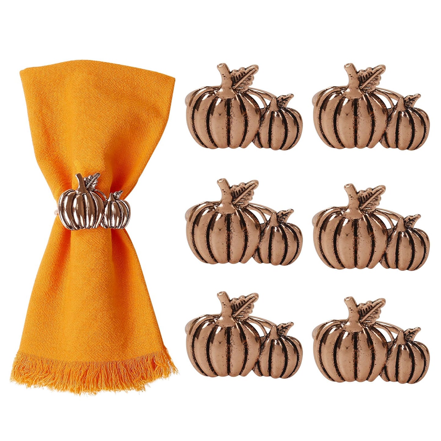 Getfitsoo Copper Pumpkin Napkin Rings - Set of 6, Thanksgiving & Halloween Table Holders