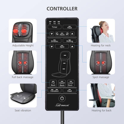 Snailax Shiatsu Neck Back Massager with Heat, Massage Chair Pad with Compression, Height-Adjustable Neck Massage Rollers Chair Seat Massager, Gifts for Men, Women