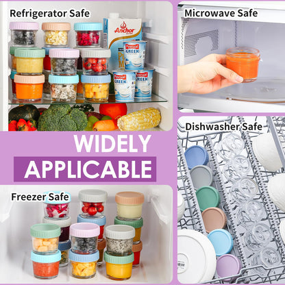 DRKIO 12 Pack Glass Baby Food Storage Containers - 4 Oz Baby Food Jars with Lids Baby Food Maker Microwave Dishwasher Freezer Safe 100% Leak Proof BPA Free Reusable