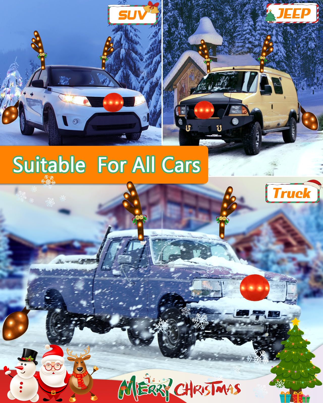 Christmas Reindeer Antlers Car Decoration Kit, Waterproof LED Lights Nose Vehicle with Jingle Bells Rudolph, Auto Holiday Accessories for SUV Van Truck Decor Warm White