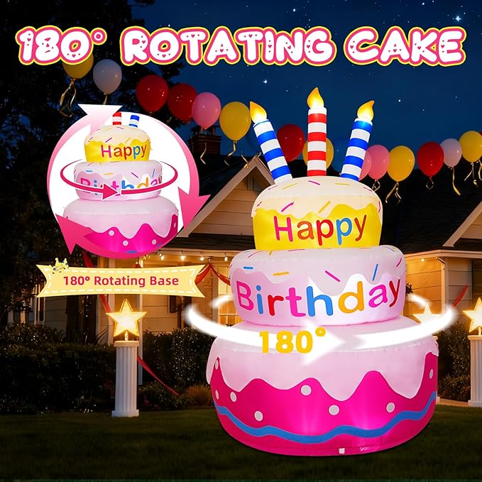 6FT Inflatable Happy Birthday Outdoor Decorations Cake with Candles, Bright LED Lights, Blow Up Yard Decoration with Rotating Colorful Appearance for Outdoor Indoor Birthday Party Garden Lawn