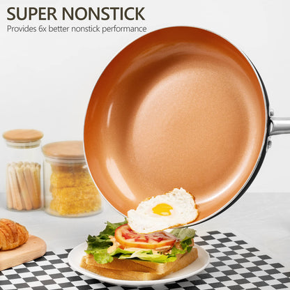 MICHELANGELO 12 Inch Frying Pan with Lid, Nonstick Copper Frying Pan, Non Stick Ceramic Skillet with Lid, Large Copper Pan Non-Stick, Induction Compatible
