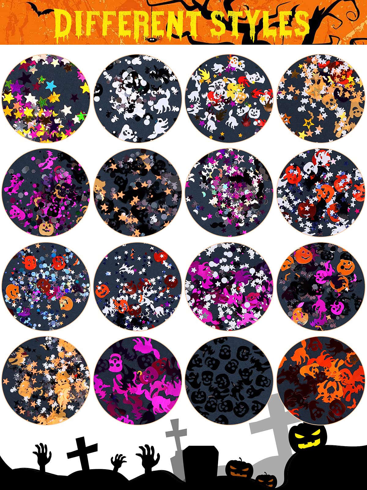 EBANKU 3 Boxes Halloween Nail Art Glitter Sequins, 3D Holographic Skull Spider Pumpkin Bat Ghost Witch Halloween Confetti Glitter for DIY Nail Art Halloween Party, Multicolor