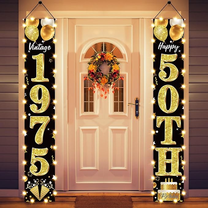 50th Birthday Party Banner Lighted Decorations for Men and Women - Black Gold Vintage 1975 50th Birthday Door Banners with LED Light, Fifty Years Birthday Party Supplies for Indoor Outdoor Decor
