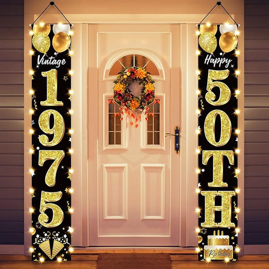 50th Birthday Party Banner Lighted Decorations for Men and Women - Black Gold Vintage 1975 50th Birthday Door Banners with LED Light, Fifty Years Birthday Party Supplies for Indoor Outdoor Decor