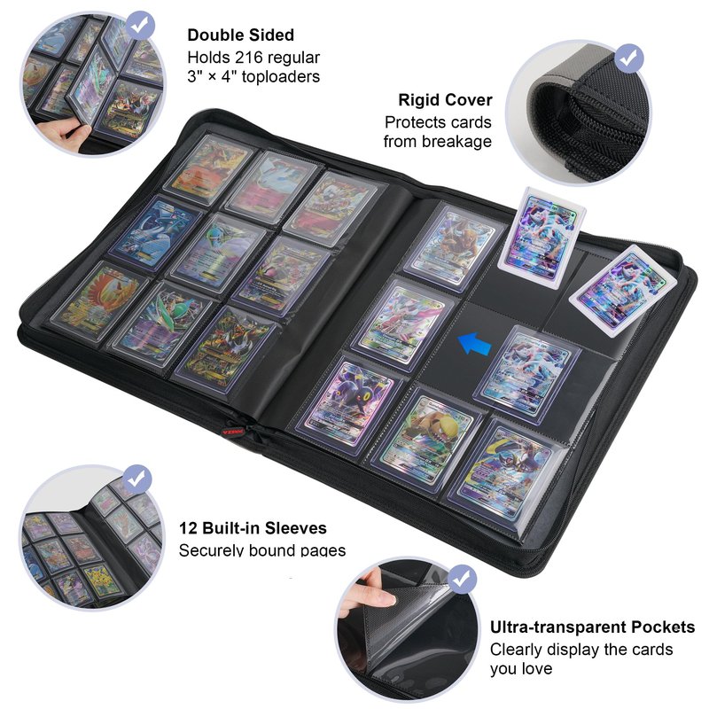 PREZA Toploader Binder - Holds 216 Top Loaders - 9 Pocket Trading Card Storage with Double Sided Sleeves for TGC and Sports 3" x 4" Top Loaded Trading Cards (Black)
