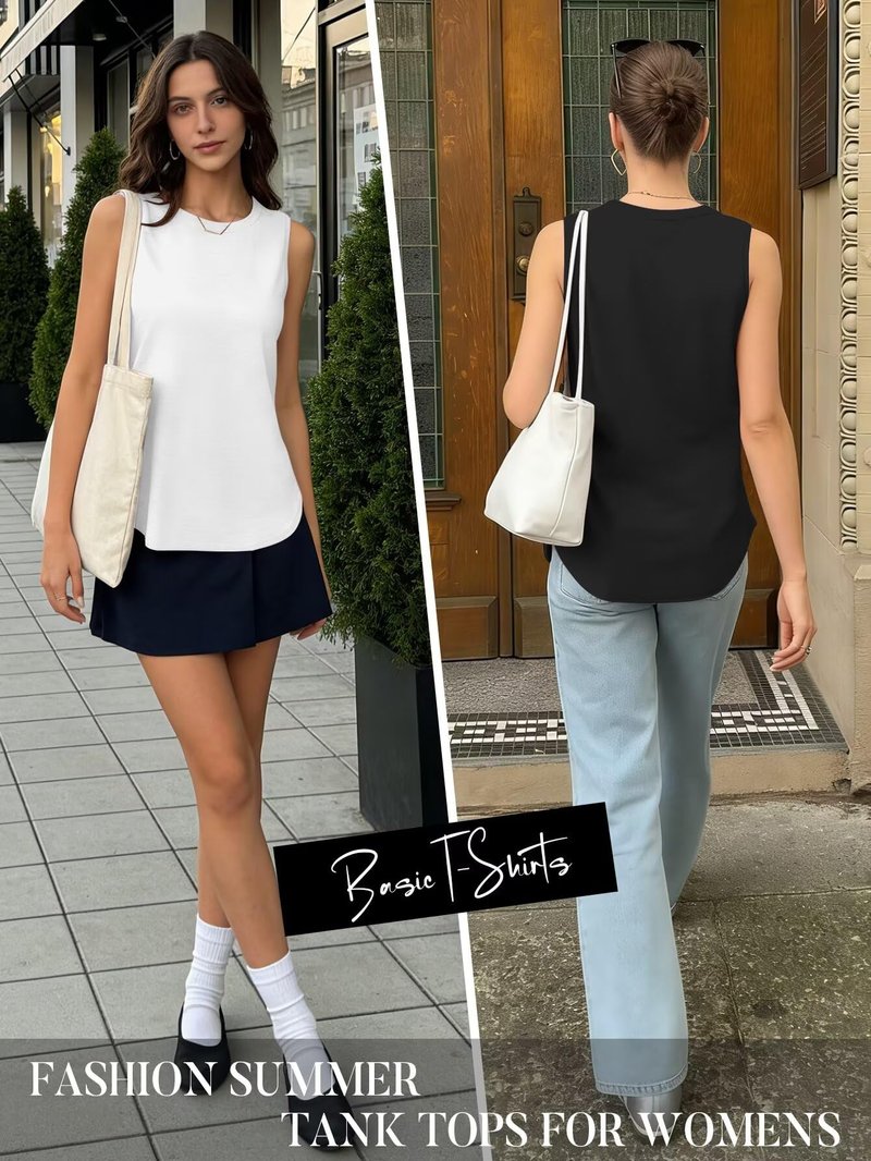 KKJ 2 Pack Womens Tank Tops Summer Crew Neck Sleeveless Loose Fit Casual Shirts Flowy Basic Tees Fashion Outfits