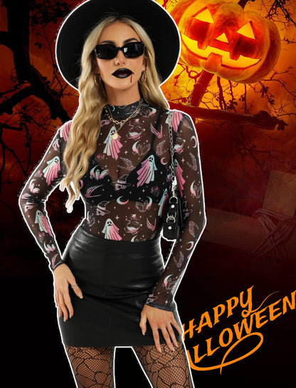 BemorRun Floral Mesh Long Sleeve Tops for Women Mock Neck See Through Fitted Sexy Going Out Top(Black Pink Specter,XL)