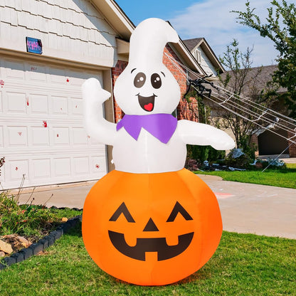 GOOSH 5 FT Halloween Inflatable Cute Pumpkin Ghost Outdoor Decorations Blow Up Yard Ghost in Pumpkin with Built-in LEDs for Indoor Party Garden Lawn Decor