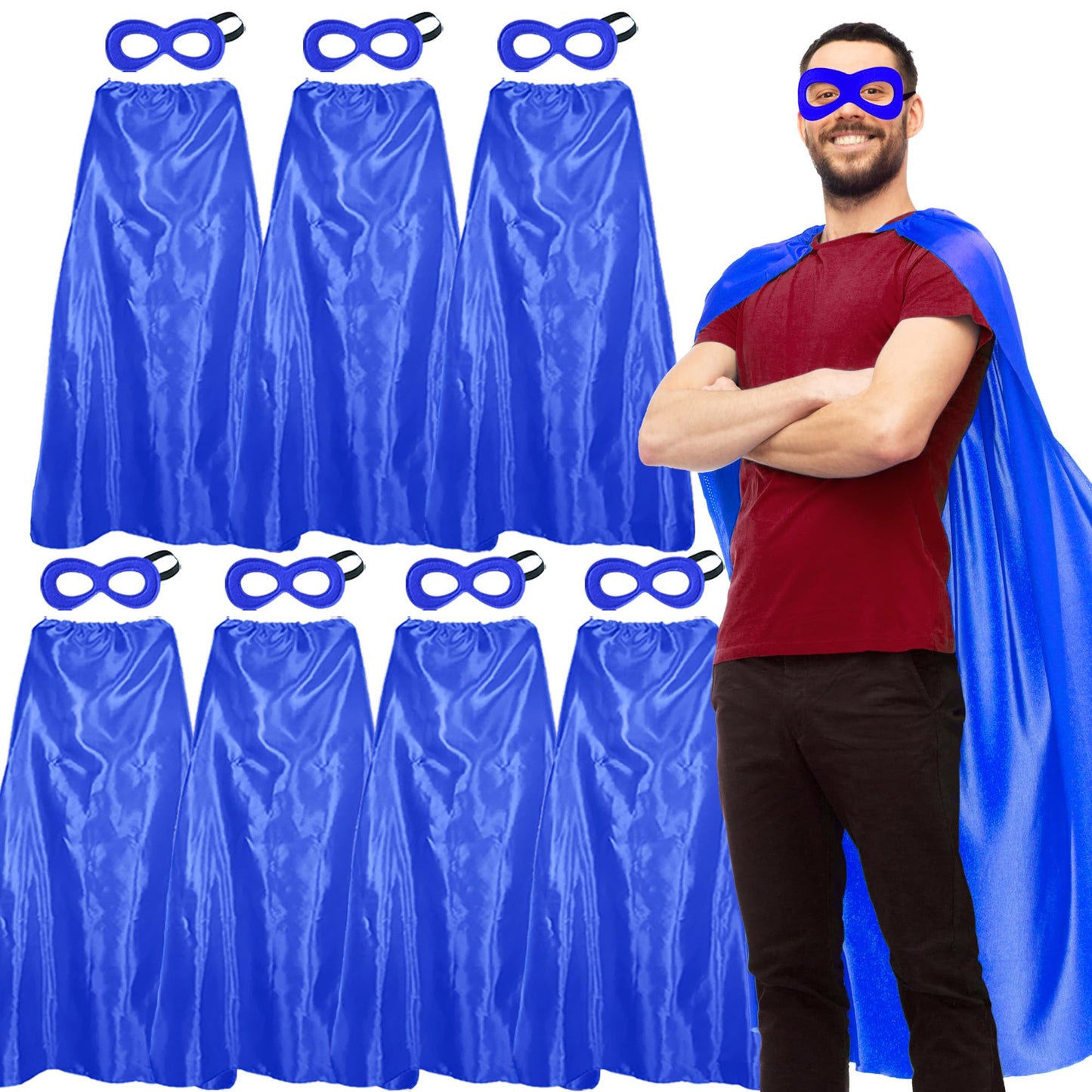 Superhero Capes and Masks for Adults Bulk-Men Women Super Hero Costume Halloween Dress Up Party Favors -7 Pack (Blue)
