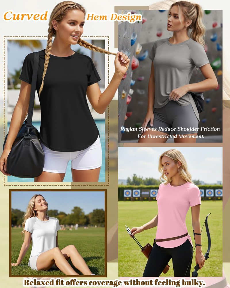 Oakgarden 4 Pack Women's Workout Tops Short Sleeve Shirts UV Protection Quick Dry Side Slits Athletic Outfits for Running(Black, White, Light Gray, Pink,X-Large)