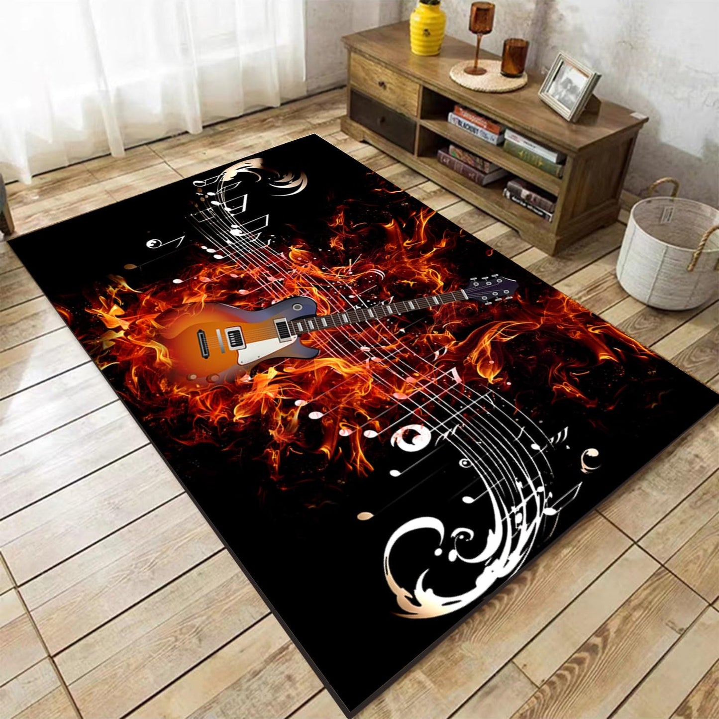 Gold Burning Guitar Area Rug, 5x7ft, Musical Note Flame Guitar Rugs for Indoor, Low Pile Soft Non-Shedding Carpet, Washable Easy Clean Breathable Playing Mat for Dining Table Bedroom