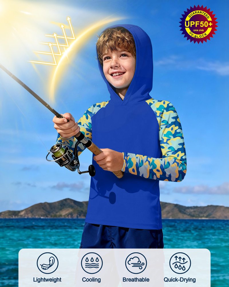 DRONIRING Boys Rash Guard Swim Hoodie, UPF 50+ UV Sun Protection Long Sleeve Fishing Shirt, Kids Youth SPF Water Shirts Cobalt Blue