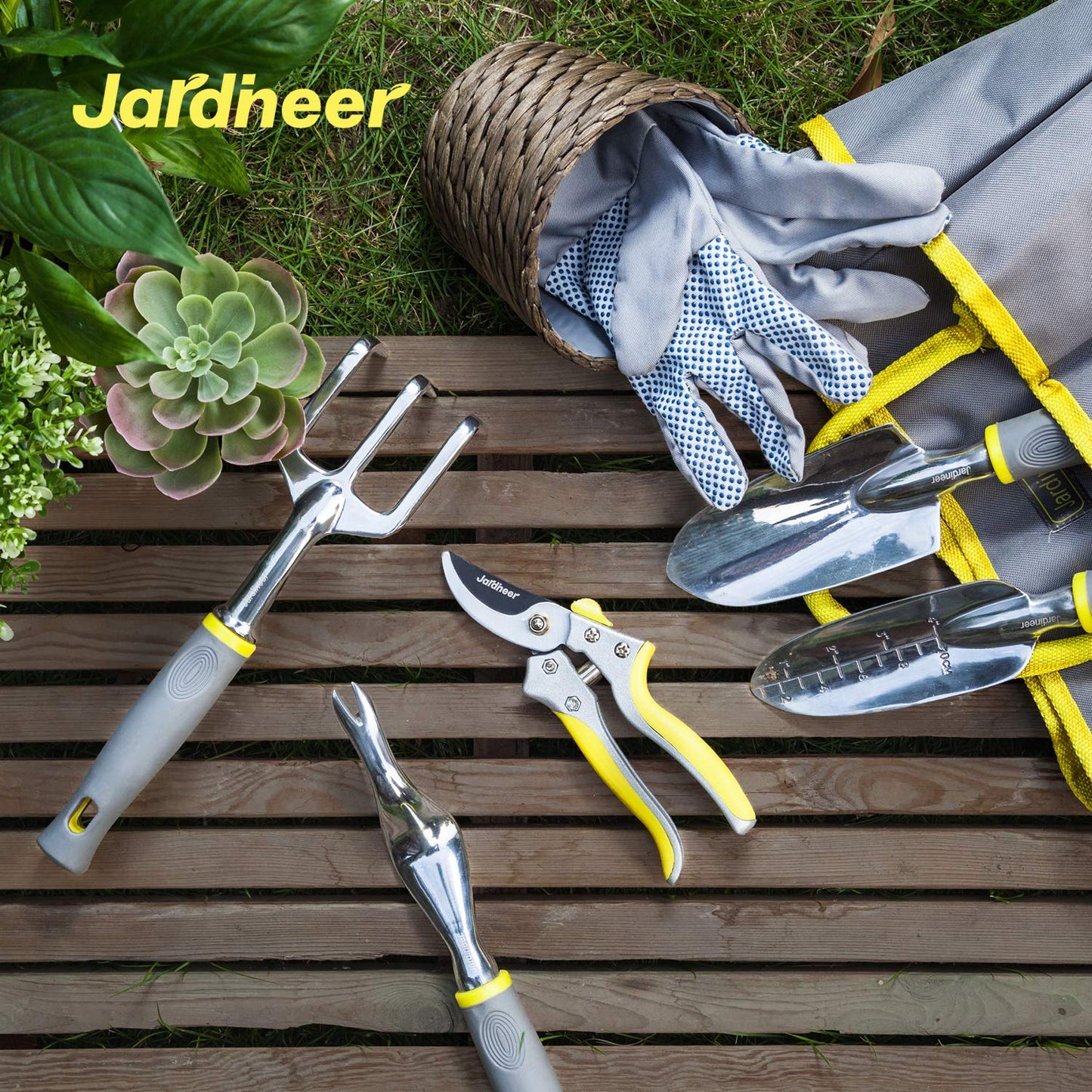 JARDINEER Stainless Steel Garden Tools Set, Including 5 Basic Garden Hand Fork and Trowel Set, Garden Glove and Pruner, Tote Bag, Gardening Tools for Women Men Mum