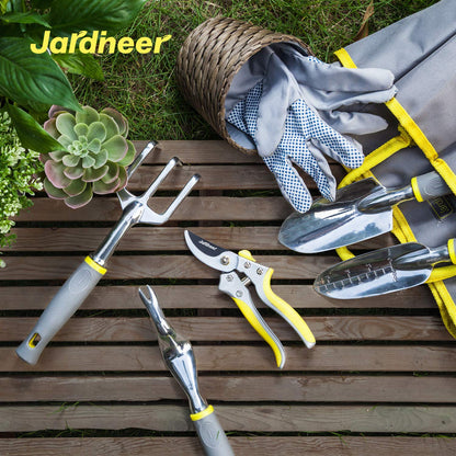 JARDINEER Stainless Steel Garden Tools Set, Including 5 Basic Garden Hand Fork and Trowel Set, Garden Glove and Pruner, Tote Bag, Gardening Tools for Women Men Mum