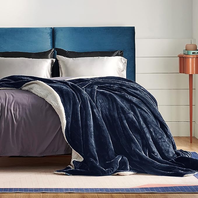 Bedsure GentleSoft Sherpa Fleece Blankets Queen Size for Bed - Thick and Warm Throw for Men, Soft Fuzzy Plush Queen Blanket for Winter, Navy, 90x90 Inches