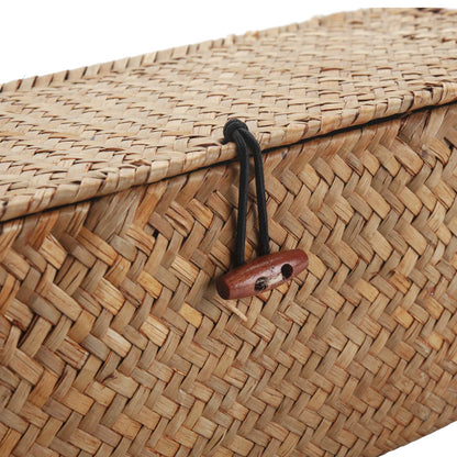 Seagrass Storage Basket with Lid Small Woven Shelf Baskets Rectangular with Sections for Organize Snack Toys Tampon