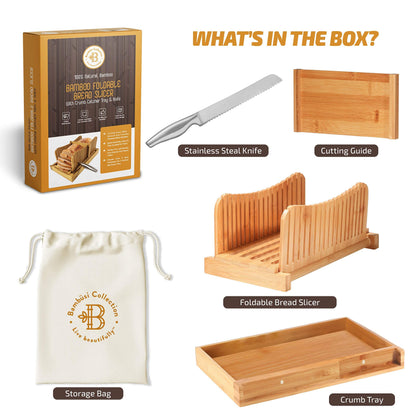 BAMBUSI Bread Slicer for Homemade Bread - Bamboo Bread Cutter with Knife, Foldable Slicing Guide, Crumb Tray - Compact Bread Loaf Slicer for Cakes, Bagels, Loaves - Kitchen Gadget, Baking Tool & Gift