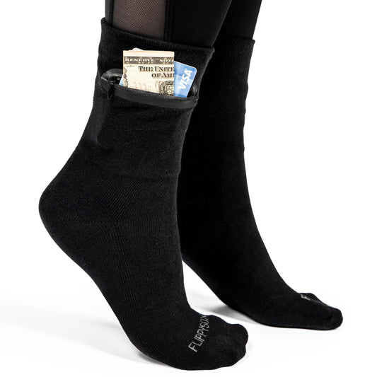 Flippysox Zipper Sock Wallet - Cotton & Polyester Zipper Socks with Pockets - Fits shoe size 6-13 (Black)