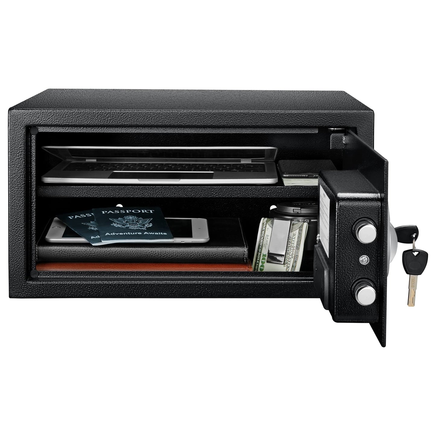 Amazon Basics Steel Security Safe and Lock Box with Programmable Electronic Keypad, for Valuables, Cash, Jewelry, Documents, Black, 1 Cubic Foot, 16.9-x-14.6-x-9.1-inches (WxDxH)