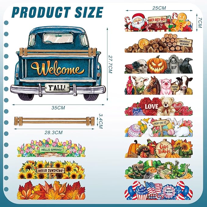 Ferraycle Interchangeable Welcome Sign for Front Door Farmhouse Truck Decor Rustic Hanging Sign with 12 Interchangeable Seasonal Holiday Decor for Fall Thanksgiving Halloween Christmas(Cute Color)