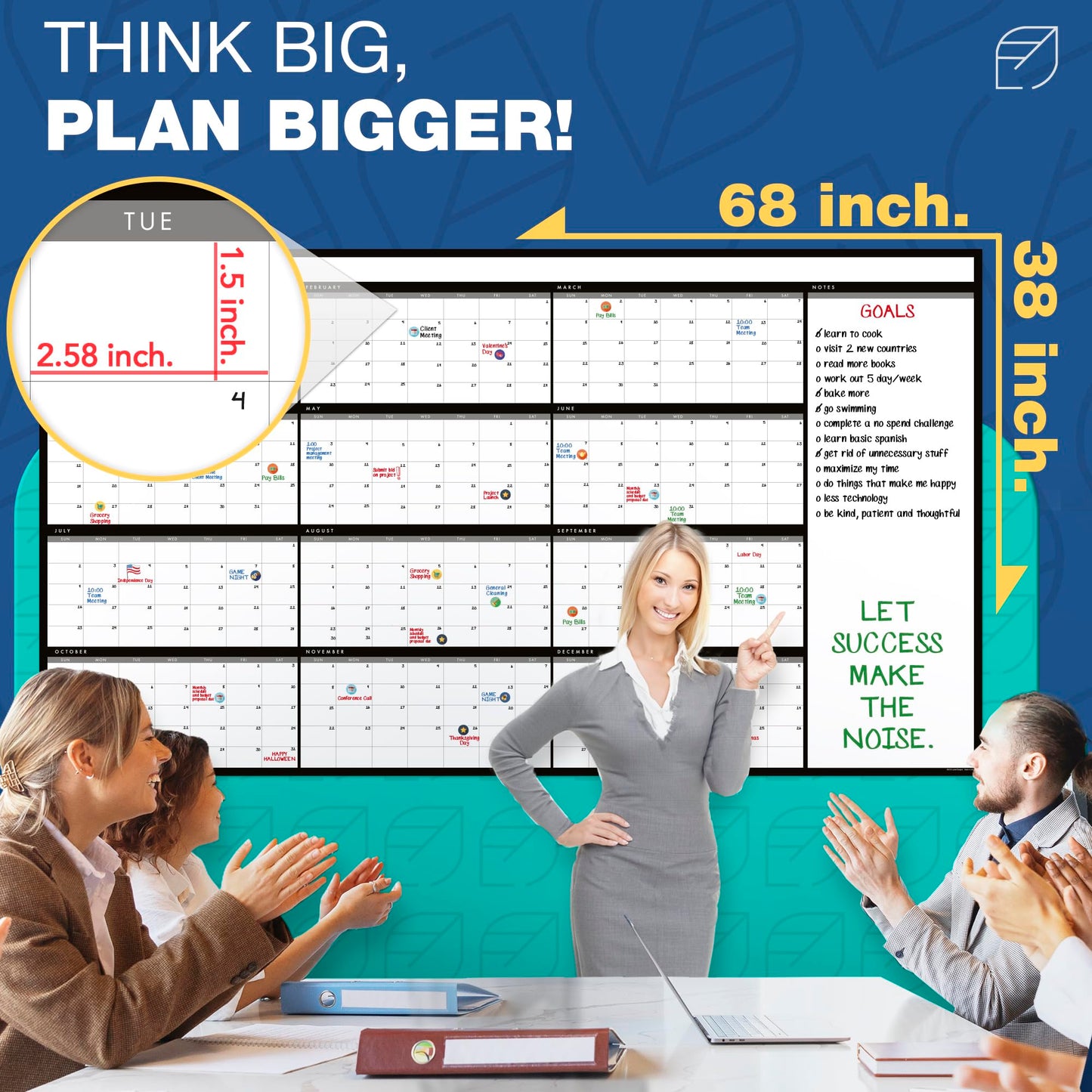 Calendar Whiteboard for Wall, 38" x 68" - Dry Erase, Undated, Yearly, Reusable - 12 Month 2025 Big Calendar for Home, Classroom & Office, Includes Markers, Erasers & Accessories