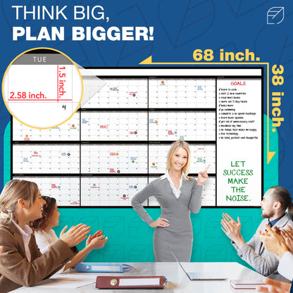 Calendar Whiteboard for Wall, 38" x 68" - Dry Erase, Undated, Yearly, Reusable - 12 Month 2025 Big Calendar for Home, Classroom & Office, Includes Markers, Erasers & Accessories