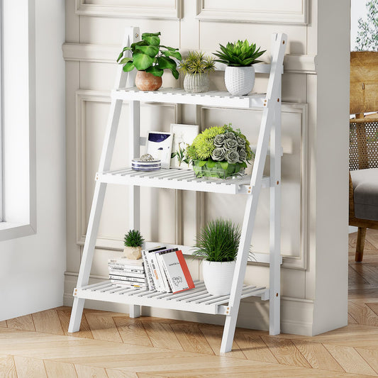 oakvivo Bamboo Bookshelf 3-Tier Ladder Shelf, 39.4” Freestanding Open Bookcase Book Shelf Bathroom Storage Shelf Unit Plant Stand for Small Space, Living Room, Bedroom, Home Office, White