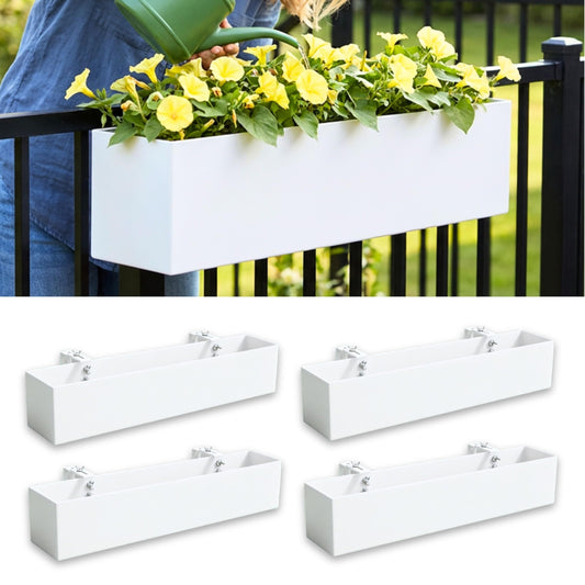 LaLaGreen Planter Boxes Outdoor (24 Inch, 4 Pack) White Metal Rectangular Railing Flower Box with Brackets, Deck Railings Planters Fence Balcony Patio Porch Plant Holder Stylish Garden Decor Over Rail