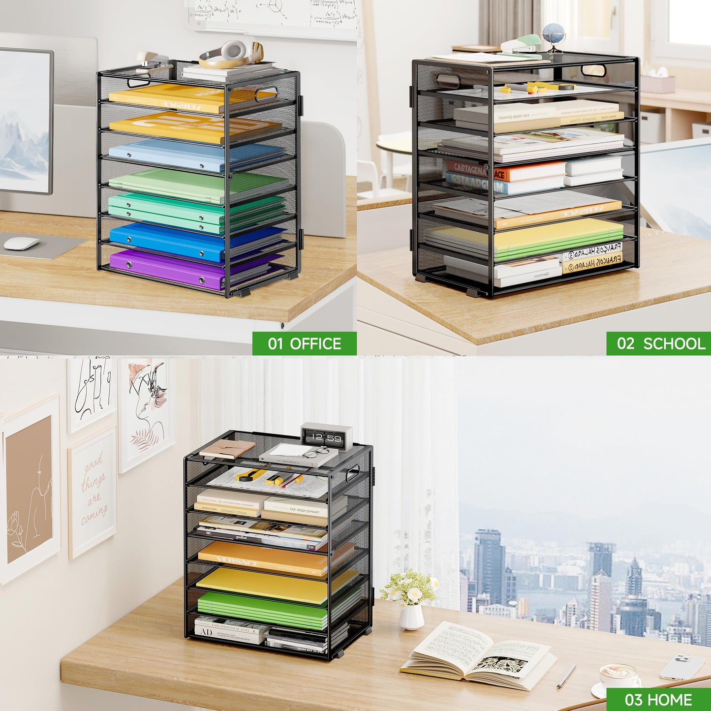 Biciyarn 8 Tier Paper Organizer with Handle, Metal Mesh Desk File Organizer, Large Capacity Desk Organizers Paper Letter Tray Desktop Document Sorter for Office, Home or School - Black