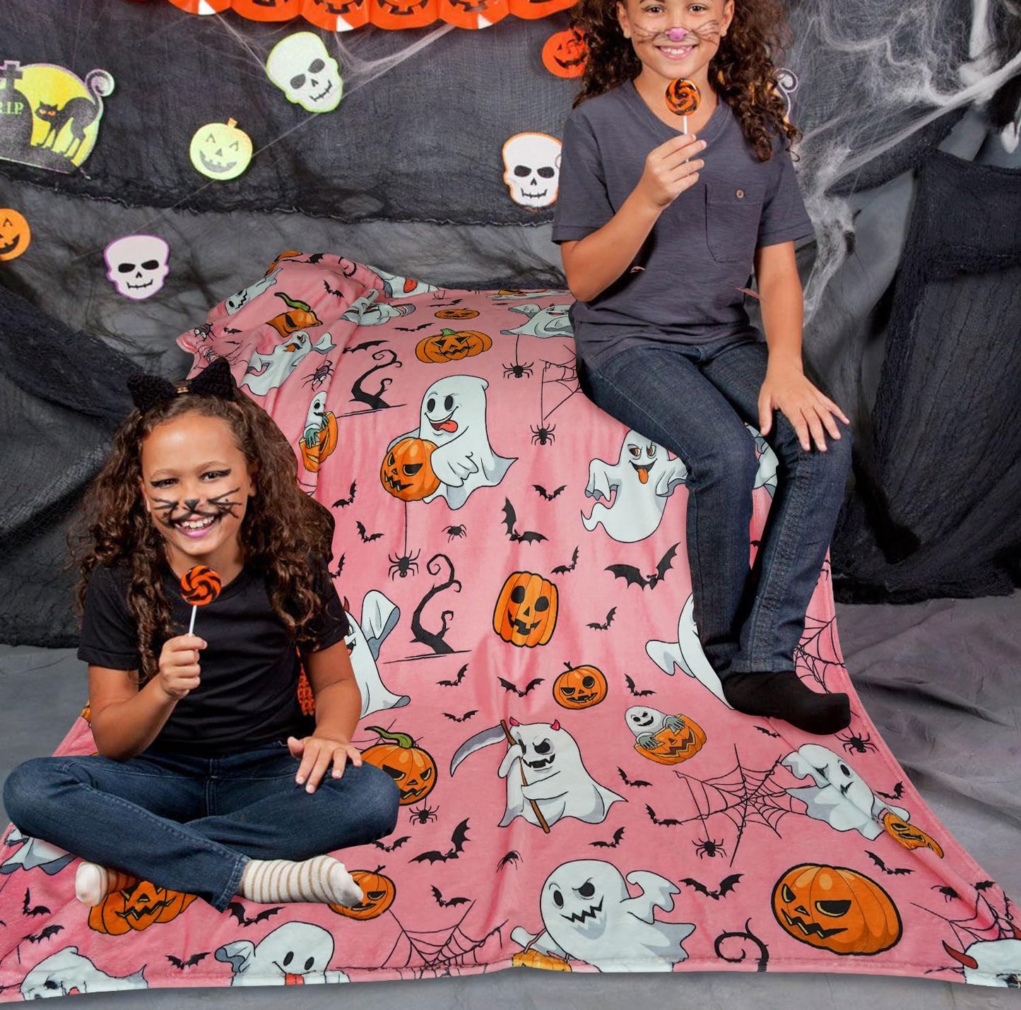 pahhjsa Pink Halloween Throw Blanket 50"x60", Cute Ghost Blanket for Girls Kids Soft Flannel Fleece Halloween Blankets and Throws Decor